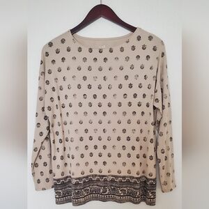 J. Jill Tan Long Sleeve Top with Black Patterns